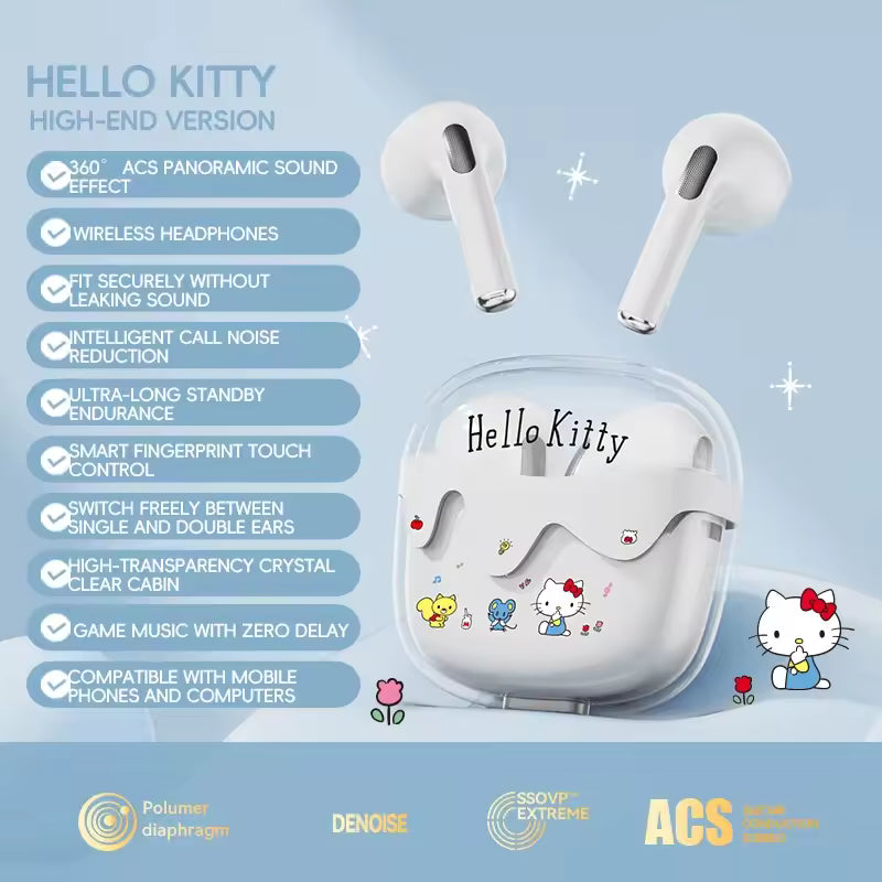 Sanrio Hello Kitty TWS Bluetooth Earphones Wireless Cute Cartoon Noise Reduction Touch Control for Running Sports Birthday Gifts