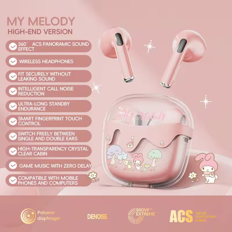 Sanrio Hello Kitty TWS Bluetooth Earphones Wireless Cute Cartoon Noise Reduction Touch Control for Running Sports Birthday Gifts